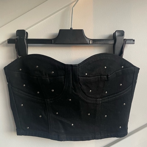 Zara black denim studded bustier crop top size S - Picture 1 of 5